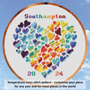 Temperature cross stitch pattern - Rainbow Temperature Heart - customise your piece for any year and most places in the world