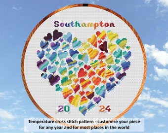 Temperature cross stitch pattern - Rainbow Temperature Heart - customise your piece for any year and most places in the world