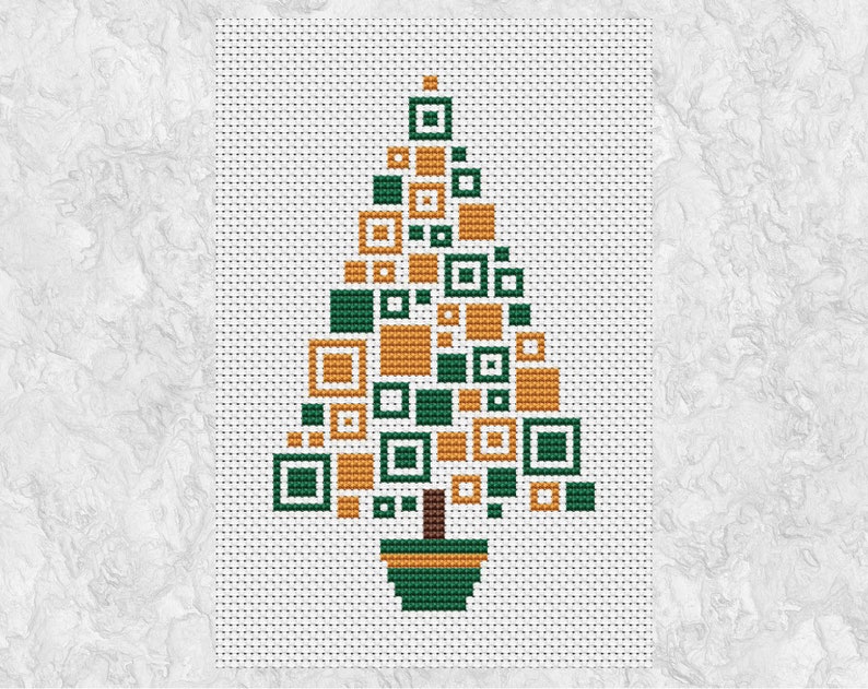 Modern Christmas cross stitch pattern, Squares Christmas Tree, fun easy geometric design, for decoration or Christmas card, printable PDF image 3