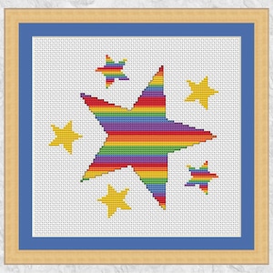 May include: A rainbow-striped star with four smaller yellow stars around it. This cross-stitch pattern is perfect for a beginner.