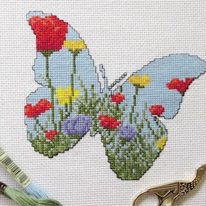 Vlinder kruissteek patroon PDF, moderne bloem geteld kruissteekdiagram, wilde bloemen, weide, natuurtuin, afdrukbare instant download