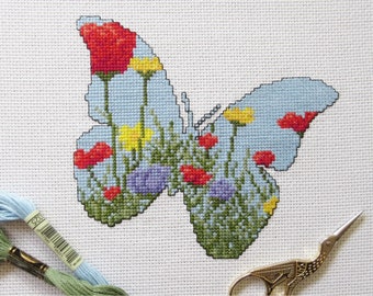 Butterfly cross stitch pattern PDF, modern flower counted cross stitch chart, wildflowers, meadow, nature garden, printable instant download