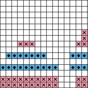 May include: A cross stitch pattern with a pink mountain, blue water, and a diamond pattern. The pattern is on a white grid.