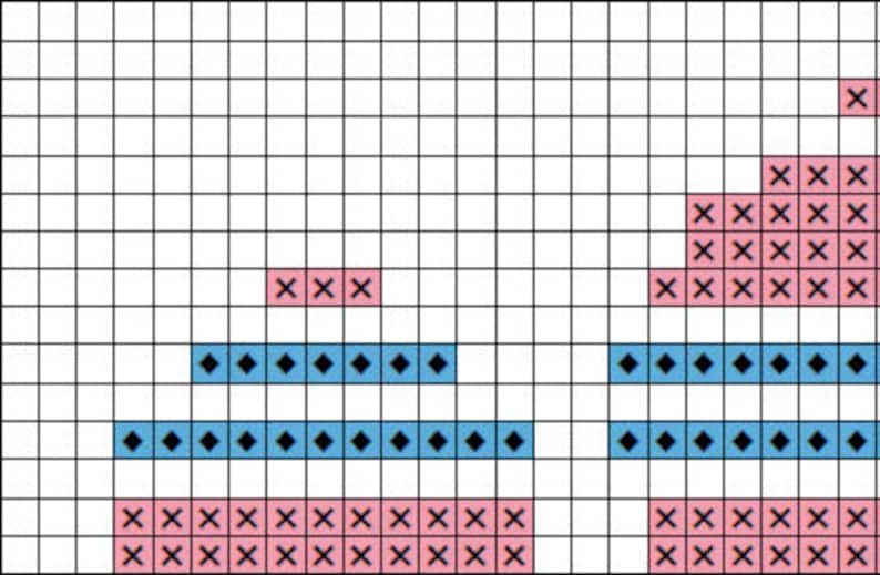 May include: A cross stitch pattern with a pink mountain, blue water, and a diamond pattern. The pattern is on a white grid.