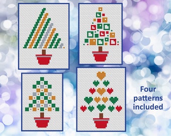 May include: Four different cross-stitch patterns for Christmas trees. Each pattern features a unique design with different colors and shapes. The text "Four patterns included" is at the bottom right of the image.