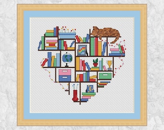 May include: A cross-stitch pattern of a heart-shaped bookshelf filled with books, a globe, a cat, and other decorative items.