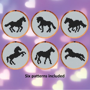 Paard of pony silhouetten kruissteekpatronen, set van zes minipatronen voor kaarten of ornamenten, instant download PDF