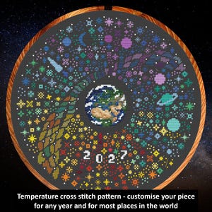 Op de afbeelding: Een rond kruissteekproject in een houten borduurring met een centrale illustratie van de aarde, omringd door een radiaal patroon van kleurrijke geometrische ster- en planeetmotieven op een zwarte achtergrond met de tekst 2027.