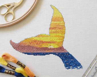 Whale cross stitch pattern, modern ocean sunset counted cross stitch chart PDF, tail, sea, inspirational, freedom, wildlife instant download