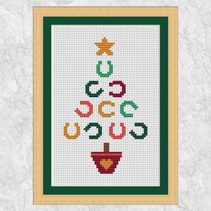 Hoefijzer kerstkaart kruissteekpatroon, kerstboom, leuke eenvoudige grafiek voor paarden- of ponyliefhebber, instant download pdf