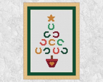 Horseshoe Christmas card cross stitch pattern, Christmas Tree, fun easy chart for horse or pony lover, instant download PDF