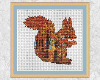 Autumn Squirrel cross stitch pattern, fall trees counted cross stitch chart, cute woodland animal, trees, nature, forest - instant download