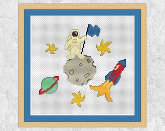 Space cross stitch pattern, astronaut, rocket, planet, moon, Saturn, spaceman, astronomy, stars, cartoon, child, fun, card motifs, PDF chart