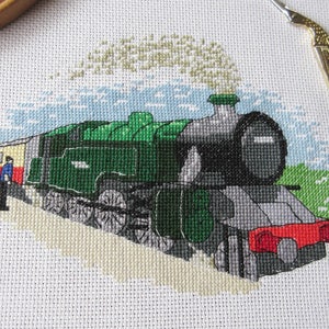 Steam train cross stitch pattern, traditional realistic railway locomotive counted cross stitch chart, transport, instant download PDF image 1