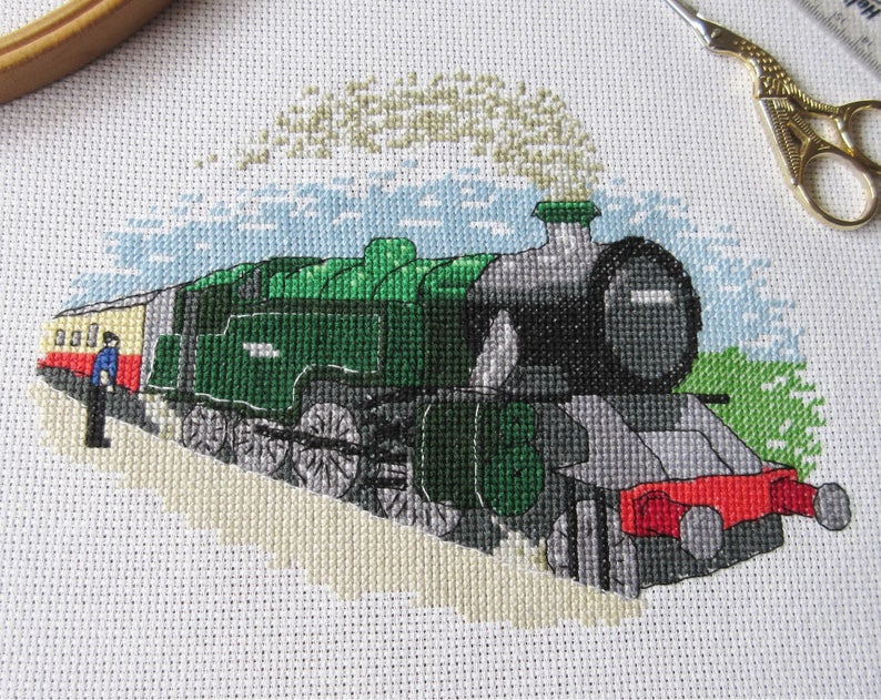 Steam train cross stitch pattern, traditional realistic railway locomotive counted cross stitch chart, transport, instant download PDF image 1