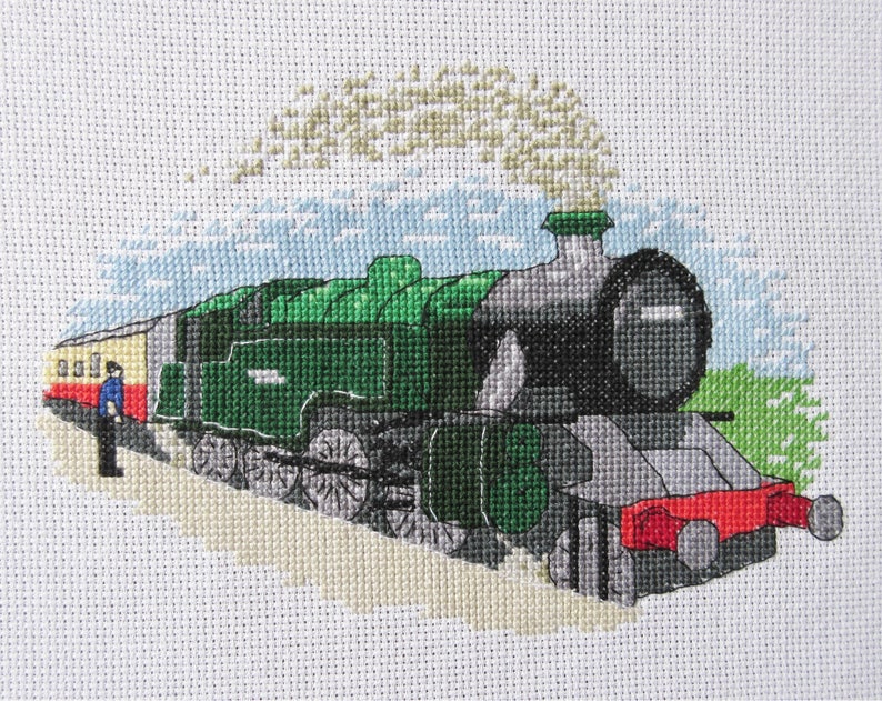 Steam train cross stitch pattern, traditional realistic railway locomotive counted cross stitch chart, transport, instant download PDF image 2
