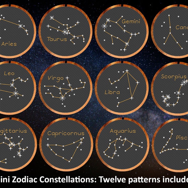 Mini Zodiac Constellations cross stitch patterns - set of 12 patterns in comprehensive PDF booklet - instant download