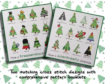 Comedy and Science Christmas Trees cross stitch patterns - both patterns included - previous Stitchalongs - instant download PDFs