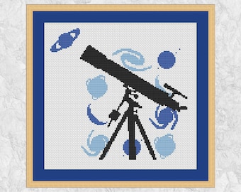 Telescope cross stitch pattern, astronomy counted cross stitch chart, galaxy, planet, sun, stars, space silhouette, PDF, instant download