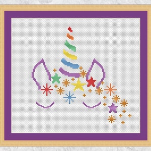 Unicorn cross stitch pattern, easy fun fairy tale unicorn cross stitch chart, magical stars, pastel rainbow silhouette, printable PDF design image 1