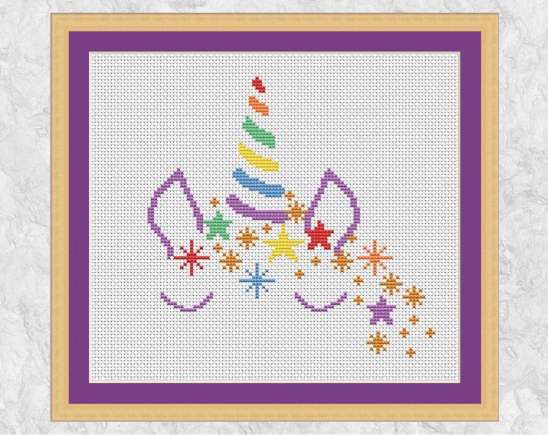 Unicorn cross stitch pattern, easy fun fairy tale unicorn cross stitch chart, magical stars, pastel rainbow silhouette, printable PDF design image 1