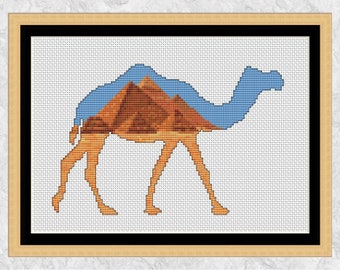 Camel cross stitch pattern, Egyptian pyramids, Arabian desert animal, sand and sky, world landmarks, modern Egypt design, instant download
