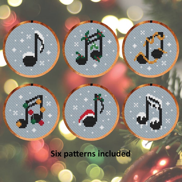 Christmas Music Notes cross stitch patterns, set of six fun patterns for cards or Christmas tree, instant download PDF