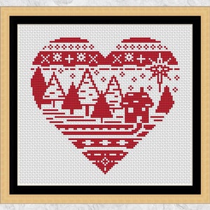 Christmas heart cross stitch pattern, modern Nordic seasonal embroidery design, forest, cottage and stars, monochrome, instant download PDF