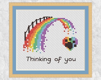 Rainbow bridge cross stitch pattern, mini pet loss cross stitch, dog memorial card design, cat memorial motif, paw print heart, sympathy PDF