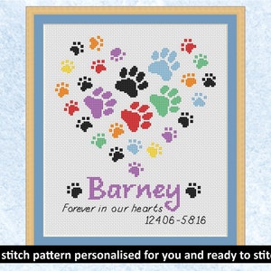 Pet memorial custom cross stitch pattern, personalised rainbow bridge paw prints chart, complete patterns emailed to you ready to stitch image 1