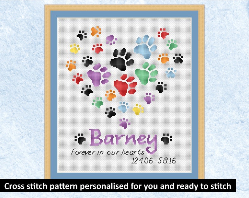 Pet memorial custom cross stitch pattern, personalised rainbow bridge paw prints chart, complete patterns emailed to you ready to stitch image 1