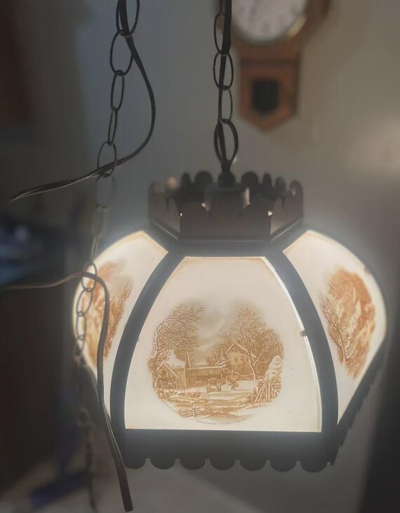 Currier and Ives Hanging Lamp Shade. It Depicts a Beautiful Barn