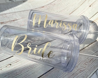 Vaso personalizado de novia / dama de honor con pajita - 16 oz. - Vaso personalizado con paja - Tapa y paja - Vaso personalizado - Vaso transparente