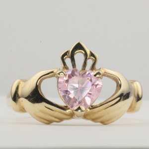 Vintage Claddagh Ring, Pink Heart, 10K Gold, Yellow Gold, Pink Promise Ring, Celtic Jewelry, Irish Jewelry, Size 6.75, Pink Birthstone image 1