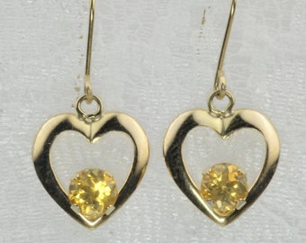 Vintage Gold Earrings, Lemon Citrine, 14K Gold, Gold Heart, French Wire, November Birthstone, Girlfriend Gift, Gift For Mom