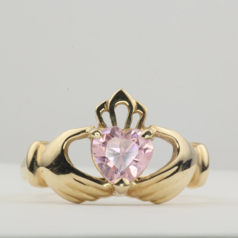 Vintage Claddagh Ring, Pink Heart, 10K Gold, Yellow Gold, Pink Promise Ring, Celtic Jewelry, Irish Jewelry, Size 6.75, Pink Birthstone image 1