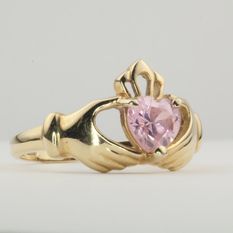 Vintage Claddagh Ring, Pink Heart, 10K Gold, Yellow Gold, Pink Promise Ring, Celtic Jewelry, Irish Jewelry, Size 6.75, Pink Birthstone image 2