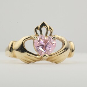 Vintage Claddagh Ring, Pink Heart, 10K Gold, Yellow Gold, Pink Promise Ring, Celtic Jewelry, Irish Jewelry, Size 6.75, Pink Birthstone image 3