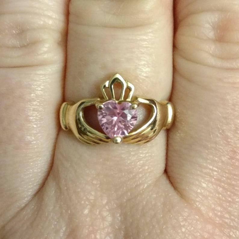 Vintage Claddagh Ring, Pink Heart, 10K Gold, Yellow Gold, Pink Promise Ring, Celtic Jewelry, Irish Jewelry, Size 6.75, Pink Birthstone image 5