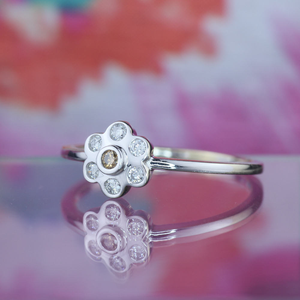 14K White Gold, Chocolate Diamond Promise Ring, Cognac Diamond, Maat 8, Stapelband, Minimale