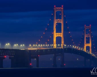 Mackinac Bridge,  Mackinac Photo, Michigan Art, Lake Michigan Photo, Bridge Photograph, Michigan Wall Art, The Might Mack, Blue