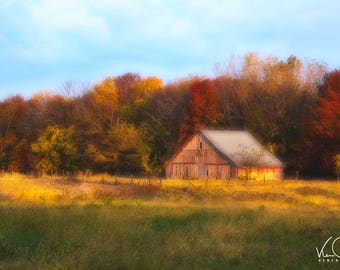 Rustic Barn Photo, Autumn Barn Print, Fall, Yellow, Blue, Autumn Farm Photo