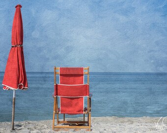 Beach Photography, Ocean Print, Seashore Print, Red Umbrella, Red Chair Print, Beach Print, Beach Decor, Ocean Phot, Beach Print