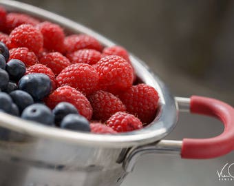 Colander Blueberries and Raspberries, Kitchen Photography,Kitchen Decor,Food Photography,Kitchen Wall Decor,Kitchen Wall Art,Kitchen Print