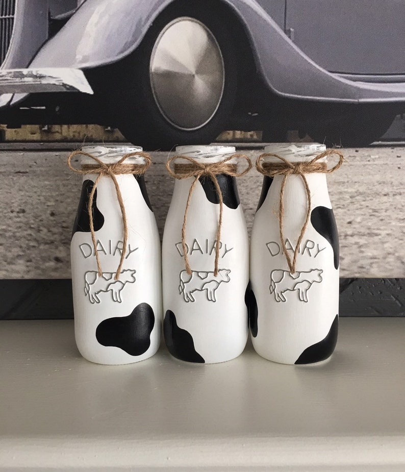 Set of 3 Cow Print Milk Bottle Farmhouse Decor Rustic Home Etsy