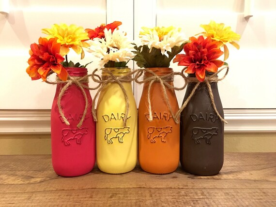 Set Of 4 Fall Milk Bottles Fall Decor Rustic Home Decor Etsy