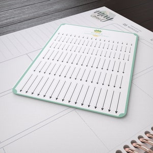 May include: A sheet of white sticker paper with 63 black arrow stickers. The stickers are arranged in rows and columns. The stickers are all pointing downwards. The sheet of stickers is on a white planner page with the text "May 2020" and "25 Monday" printed on it.