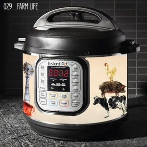 May include: A cream-coloured Instant Pot with a farm-themed design. The design features a windmill, a pig, a rooster, and a cow. The Instant Pot has a digital display that reads "88:88".
