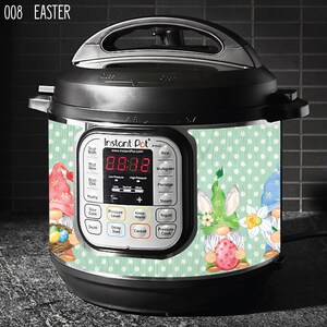 May include: A green and white polka dot Instant Pot with a design of gnomes holding Easter eggs. The Instant Pot has a digital display that reads "88:88".