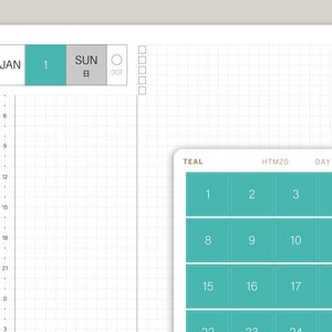 May include: A teal and white planner page with a grid layout. The top section displays "JAN 1" in teal, with "SUN" and a Japanese character. A teal calendar with numbers 1-4, 8-11, 15-18, and 22-25 is also visible.